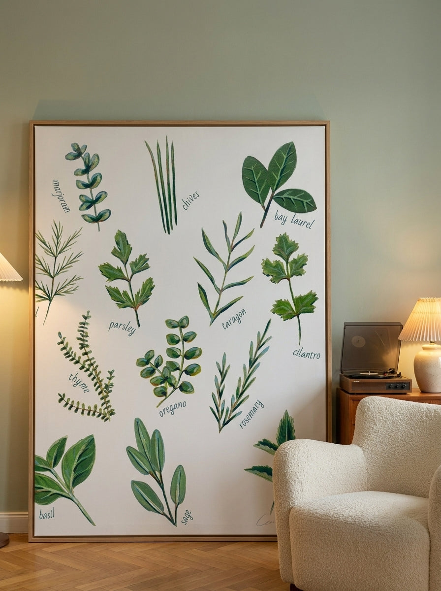 Oversized statement canvas wall art with a natural timber surround leaning against the wall in a mid-century dining room