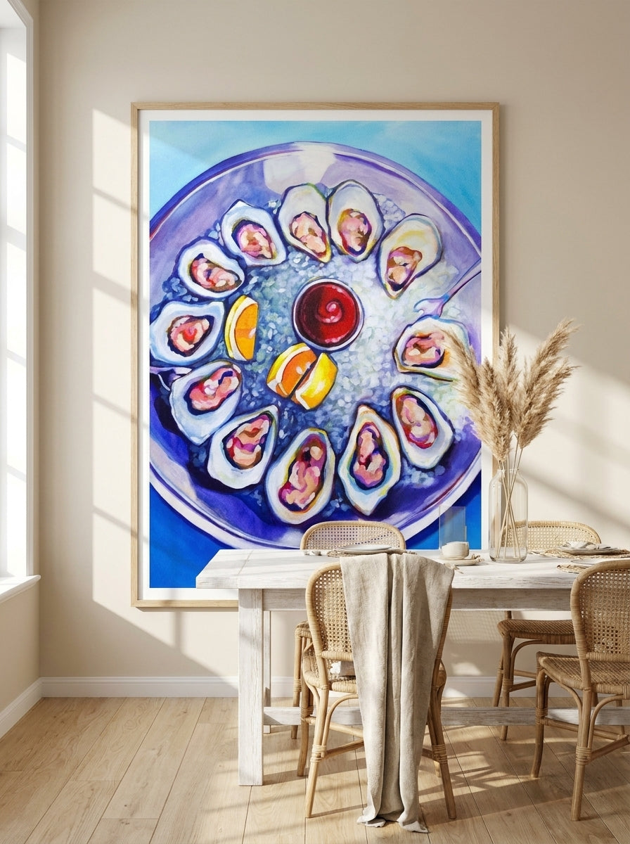 Modern wall art print styled on the wall in a coastal dining room