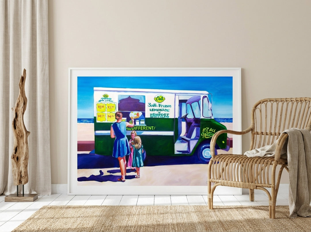 Modern wall art print leaning against the wall in a coastal dining room