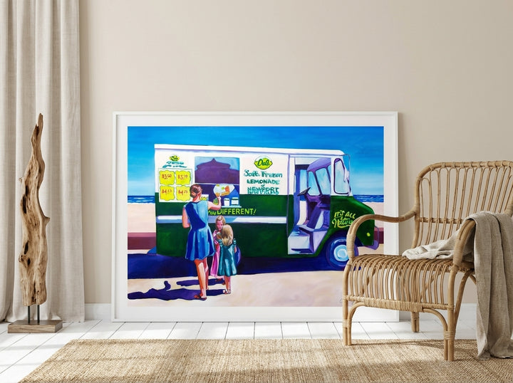 Modern wall art print leaning against the wall in a coastal dining room