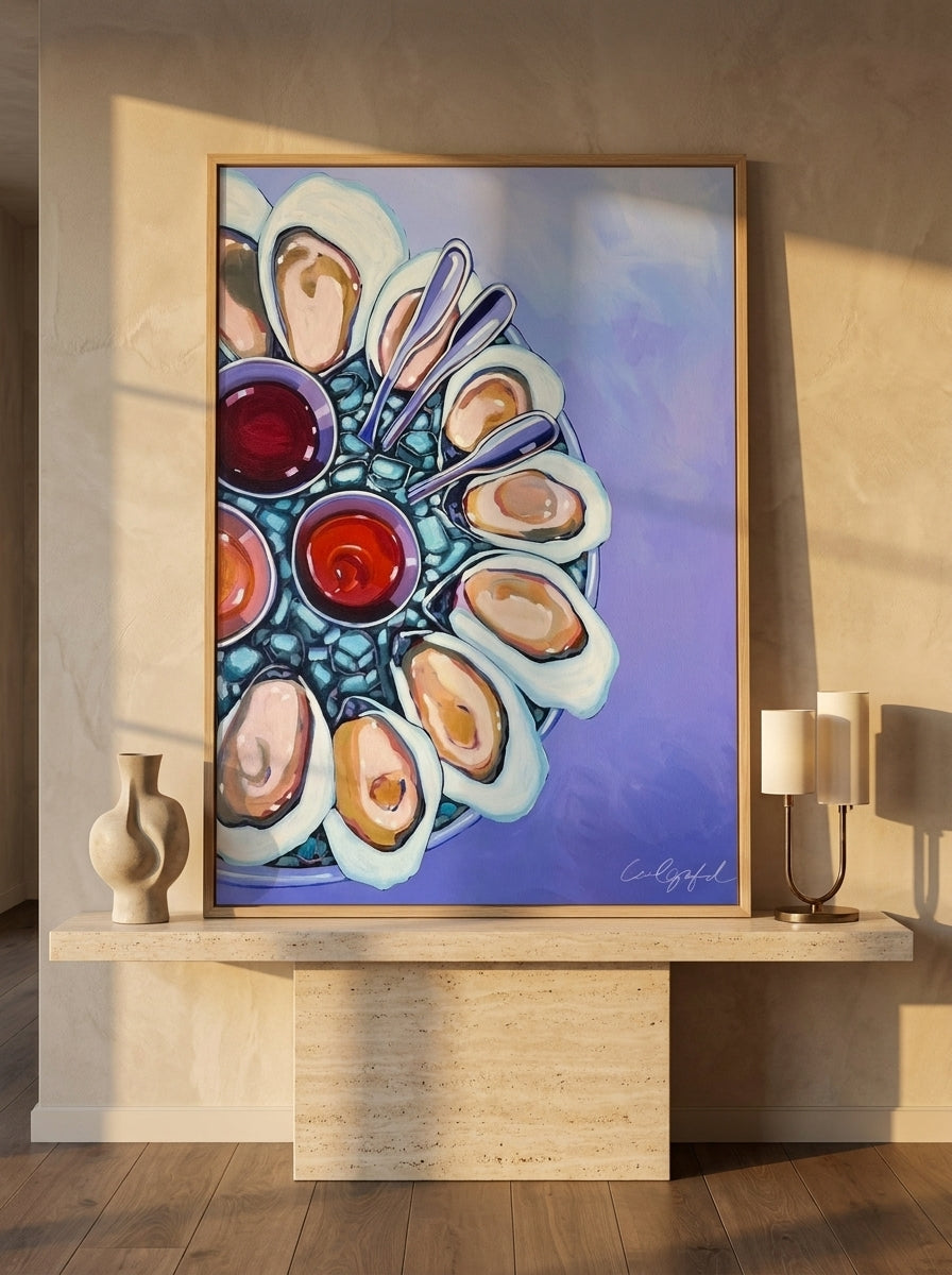 Modern wall art print standing on a console in a luxe dining room