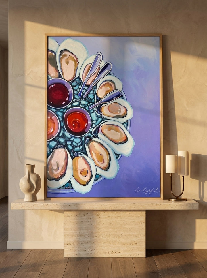 Modern wall art print standing on a console in a luxe dining room