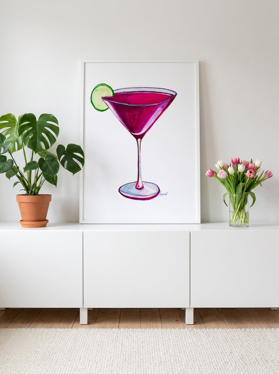 Modern wall art print standing on a sideboard in a bright Scandinavian dining room