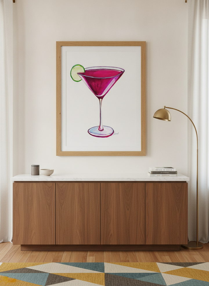 Modern wall art print styled on the wall in a mid-century kitchen