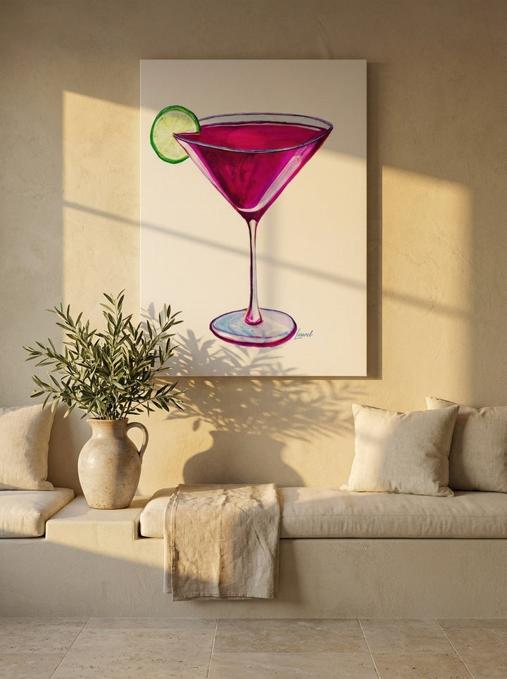 Stretched canvas wall art styled on the wall in a Mediterranean living room