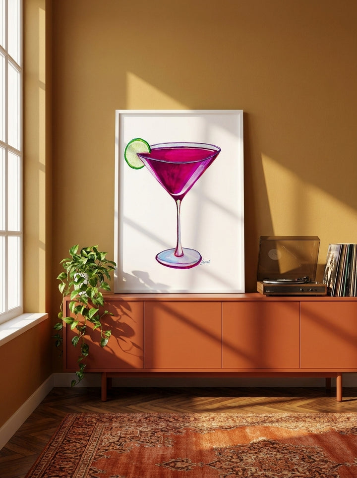 Modern wall art print standing on a sideboard in a retro 70s living room