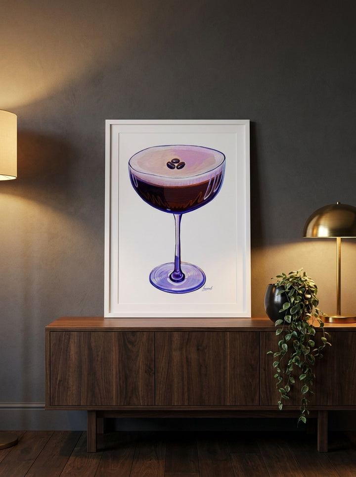 Modern wall art print standing on a sideboard in a moody living room