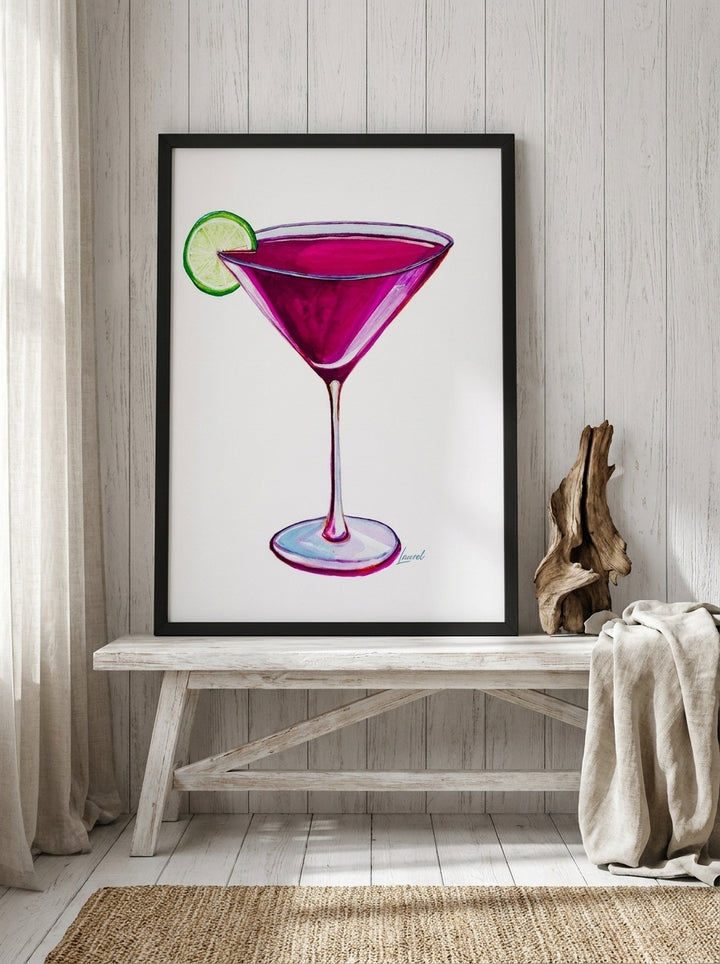 Modern wall art print standing on a kitchen bench in a coastal kitchen