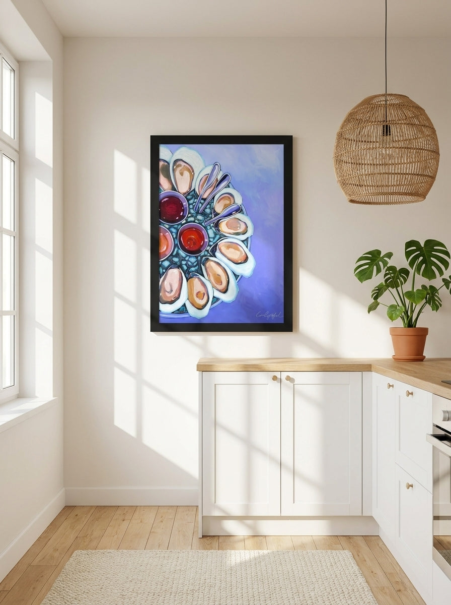 Modern wall art print styled on the wall in a bright Scandinavian kitchen