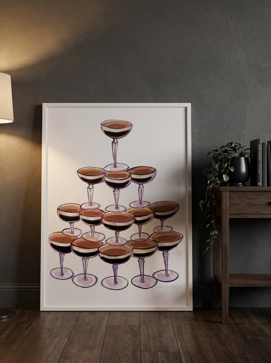 Modern wall art print leaning against the wall in a moody kitchen