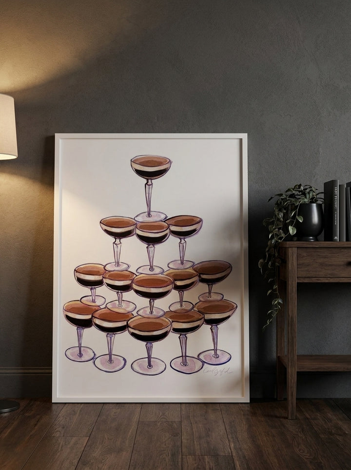 Modern wall art print leaning against the wall in a moody kitchen