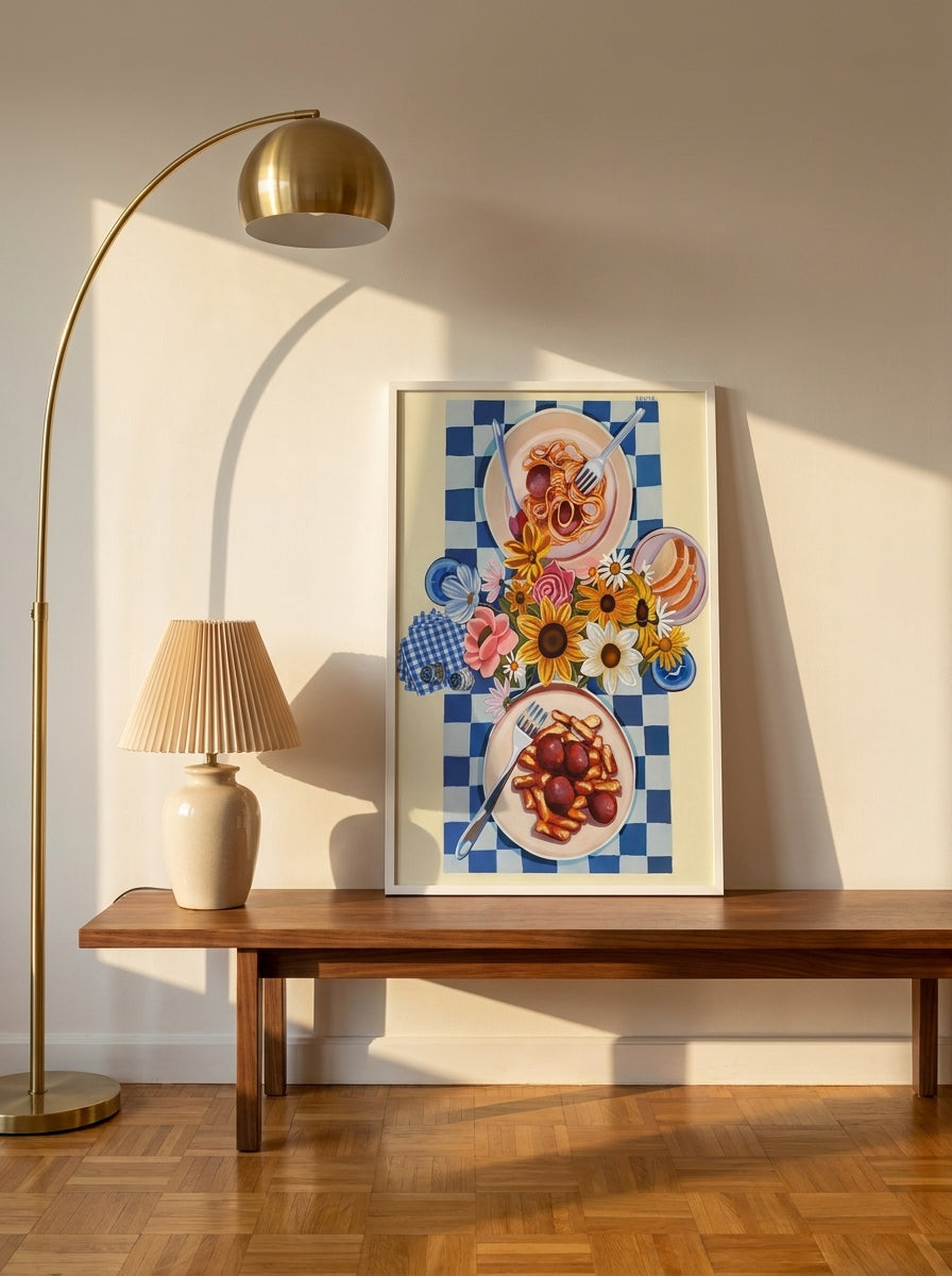Modern wall art print standing on a kitchen bench in a mid-century kitchen