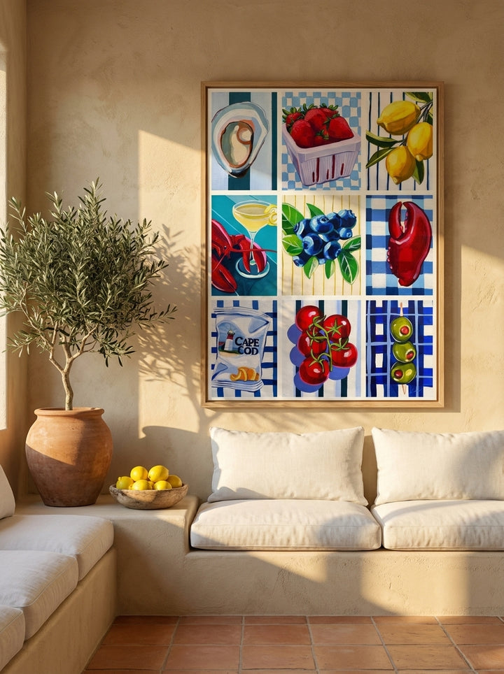 Oversized statement modern wall art print styled on the wall in a Mediterranean living room