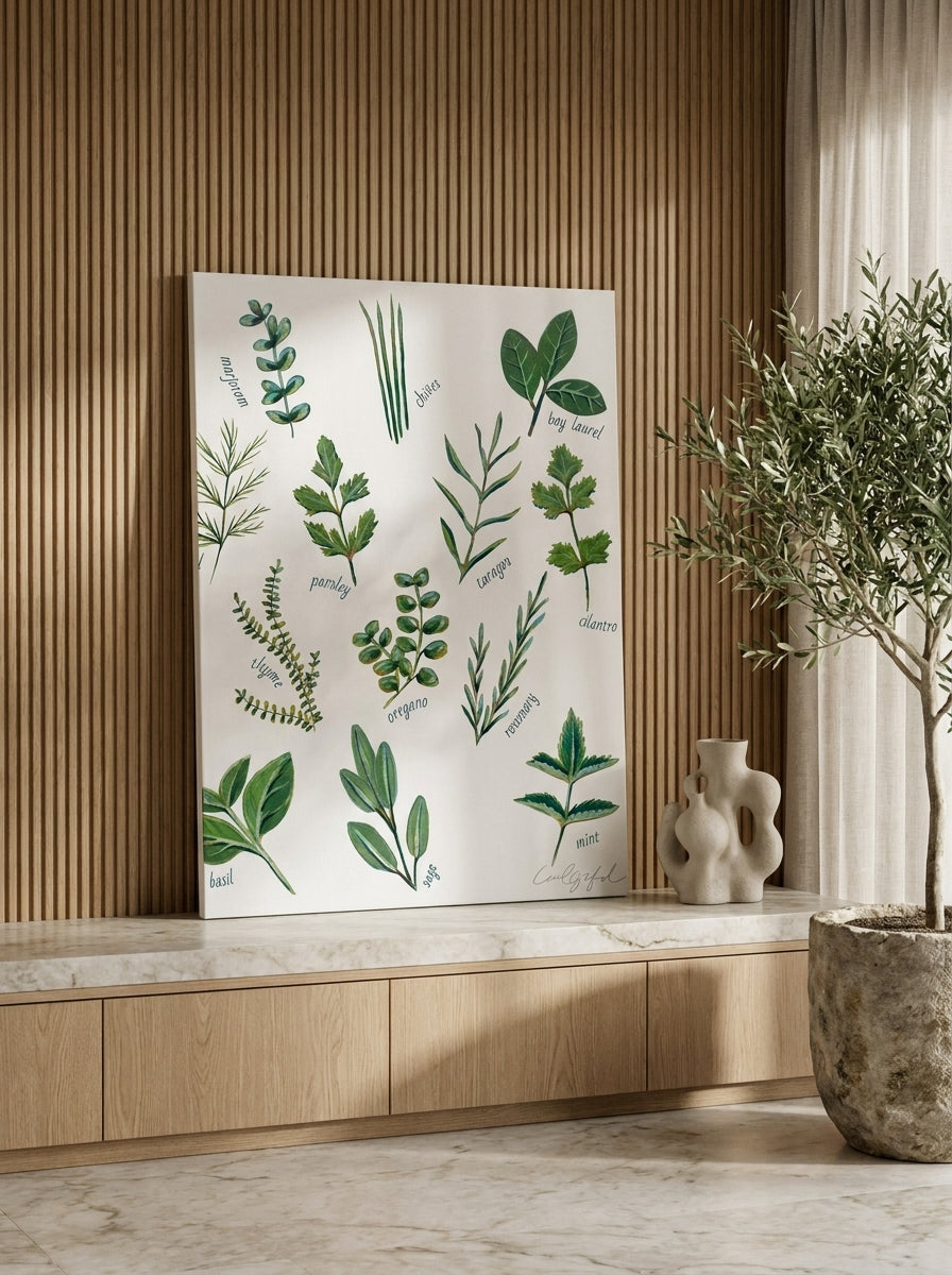 Stretched canvas wall art standing on a kitchen bench in a luxe kitchen