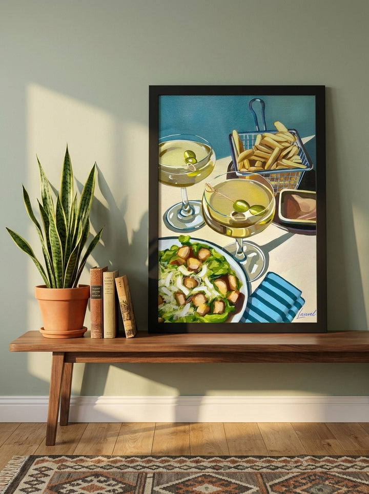Modern wall art print standing on a kitchen bench in a mid-century kitchen