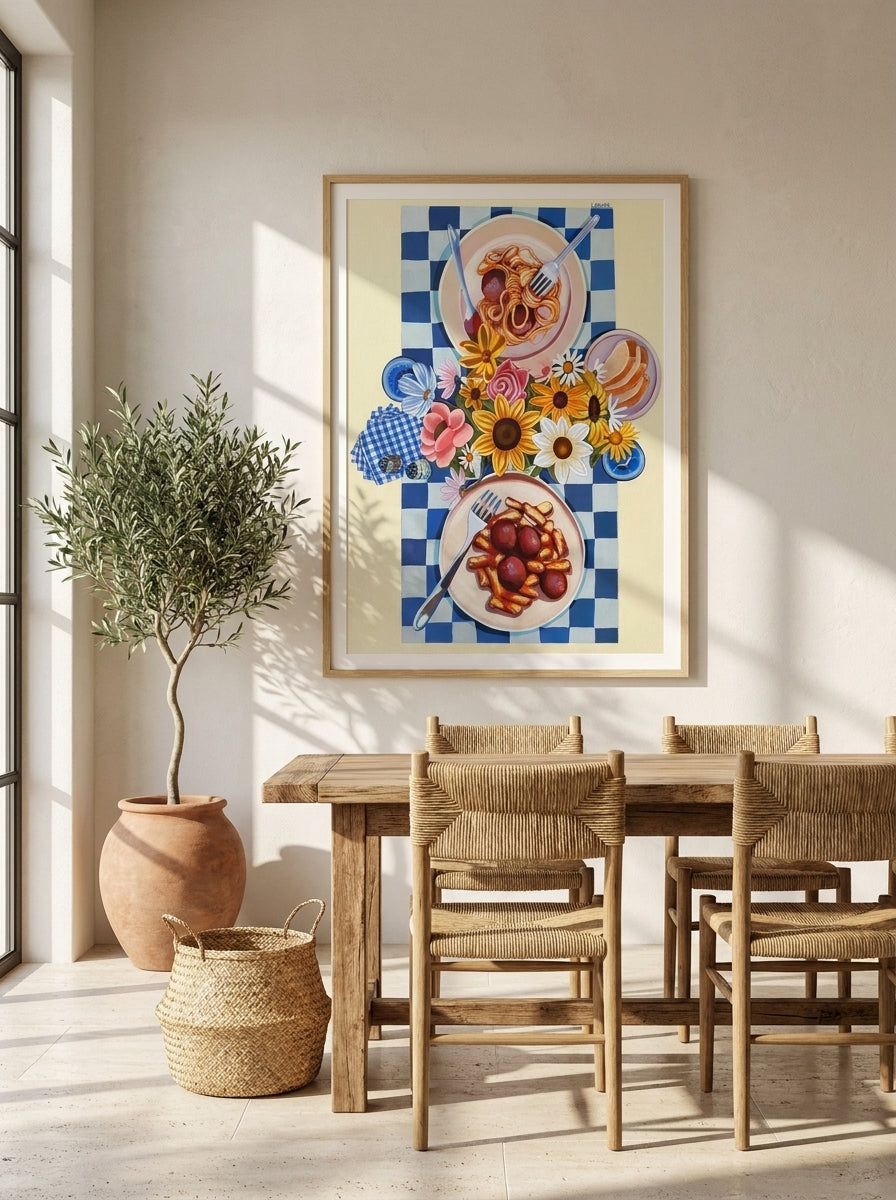 Modern wall art print styled on the wall in a Mediterranean dining room