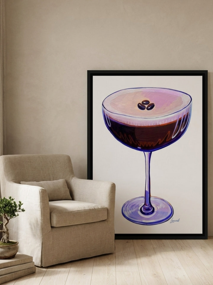 Canvas wall art with a black surround leaning against the wall in a warm Japandi kitchen