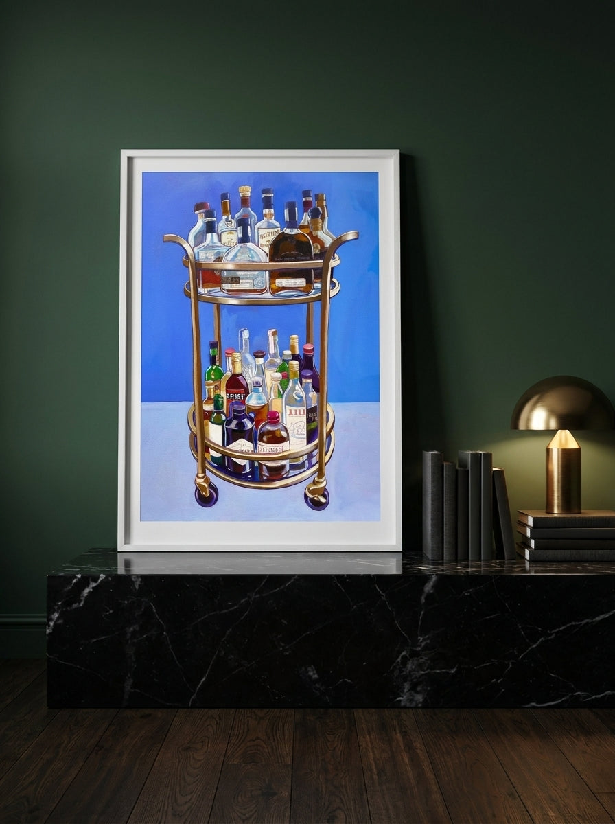 Modern wall art print standing on a kitchen bench in a moody kitchen