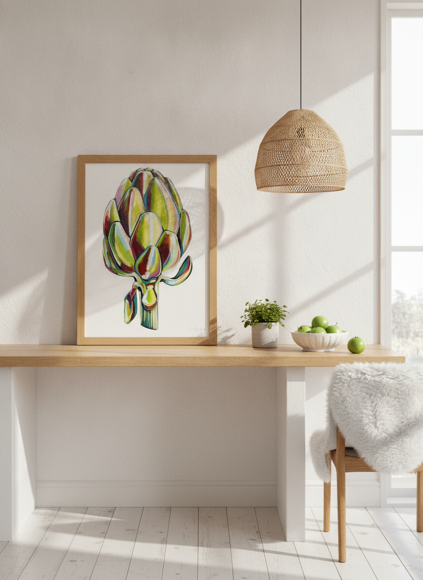 Modern wall art print standing on a kitchen bench in a bright Scandinavian kitchen