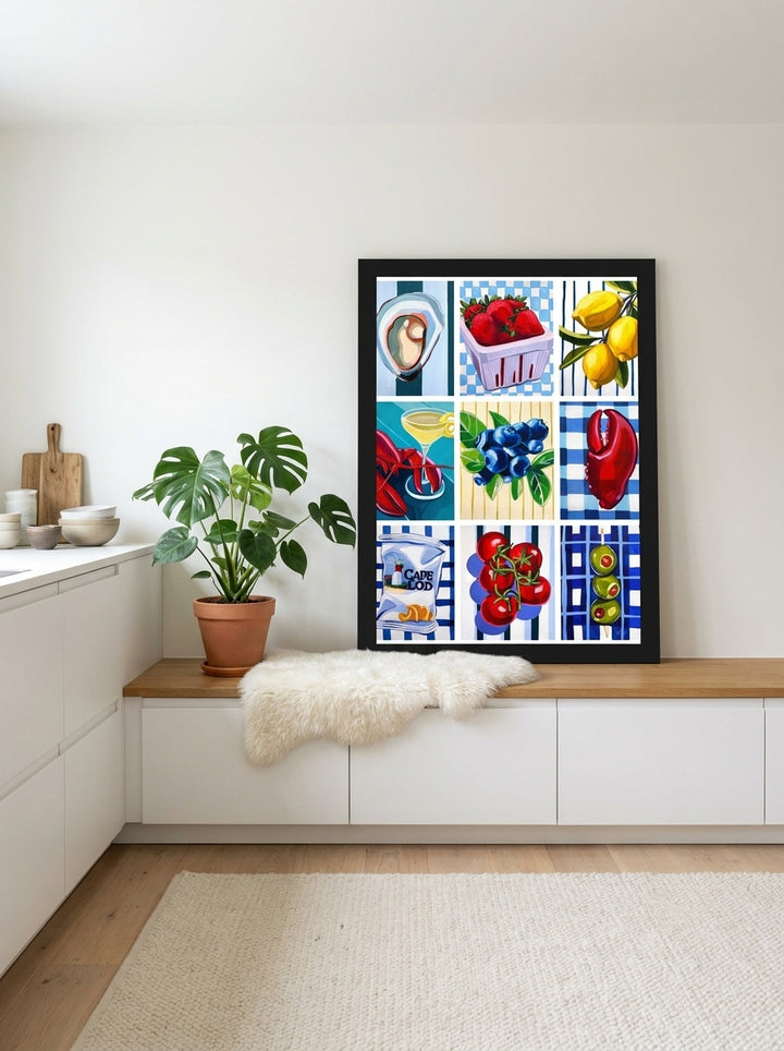Modern wall art print standing on a kitchen bench in a bright Scandinavian kitchen