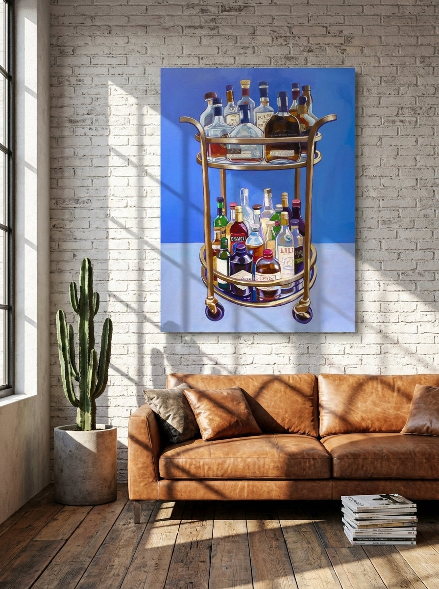 Stretched canvas wall art styled on the wall in an industrial loft living room