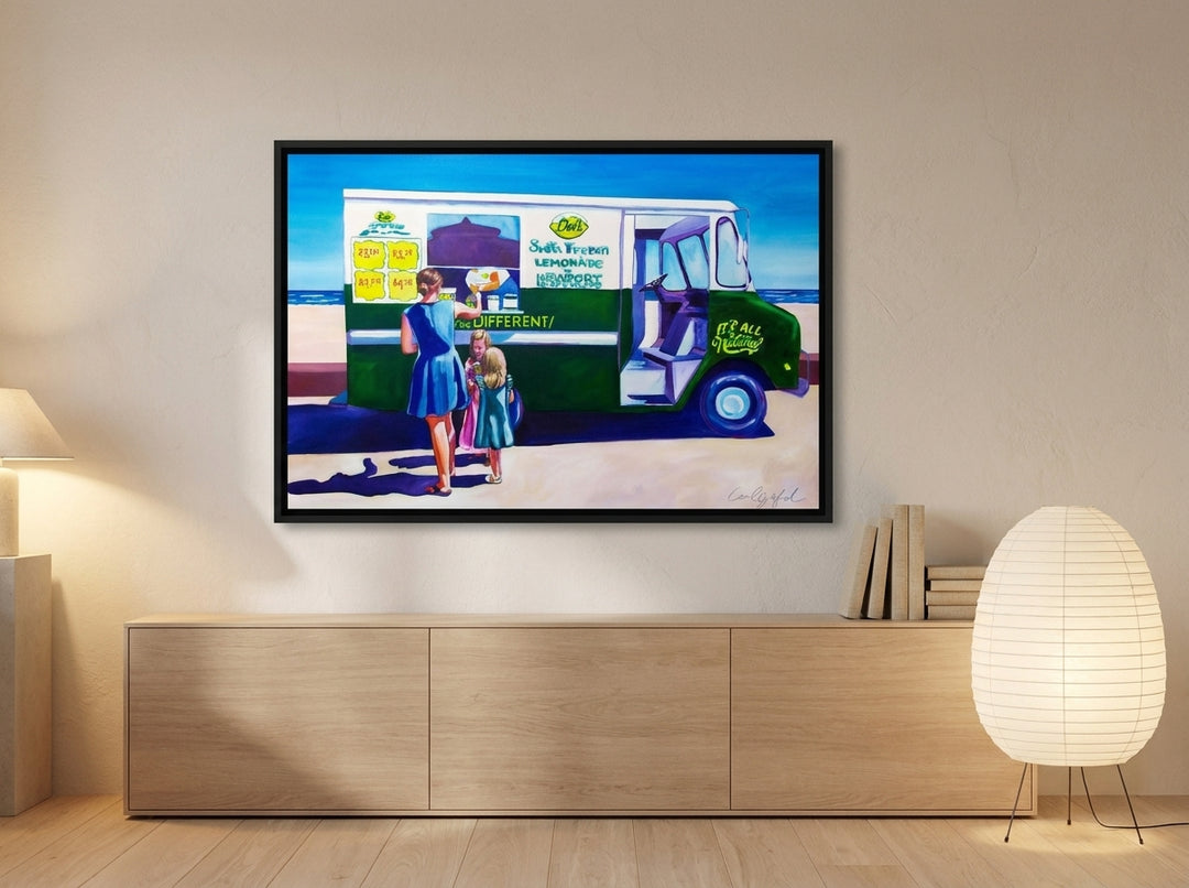 Canvas wall art with a black surround styled on the wall in a warm Japandi living room