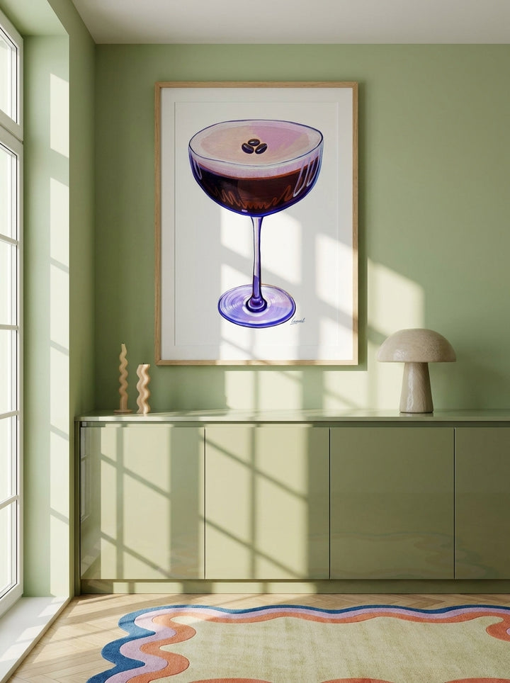 Modern wall art print styled on the wall in a colourful eclectic kitchen