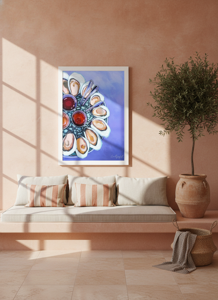 Oversized statement modern wall art print styled on the wall in a Mediterranean living room