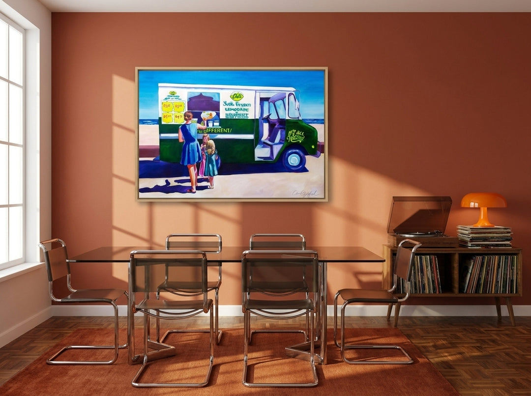 Oversized statement canvas wall art with a natural timber surround styled on the wall in a retro 70s dining room