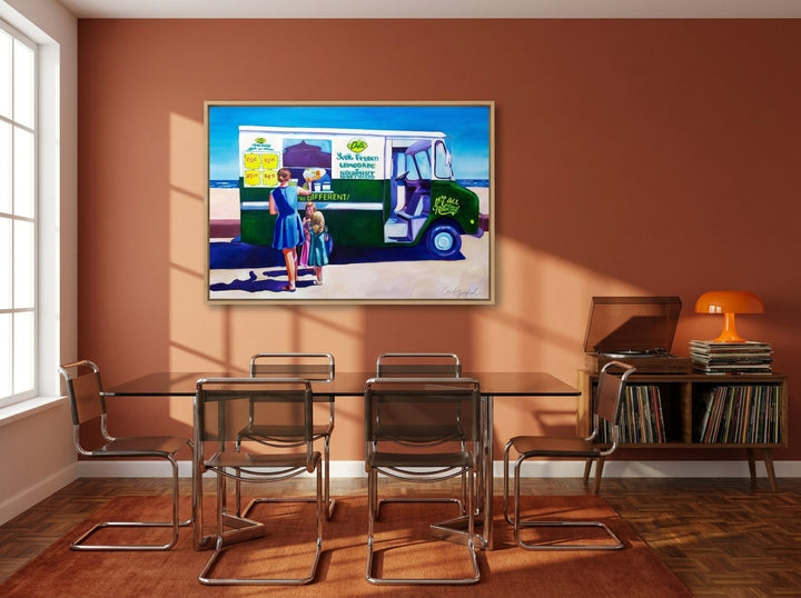 Oversized statement canvas wall art with a natural timber surround styled on the wall in a retro 70s dining room