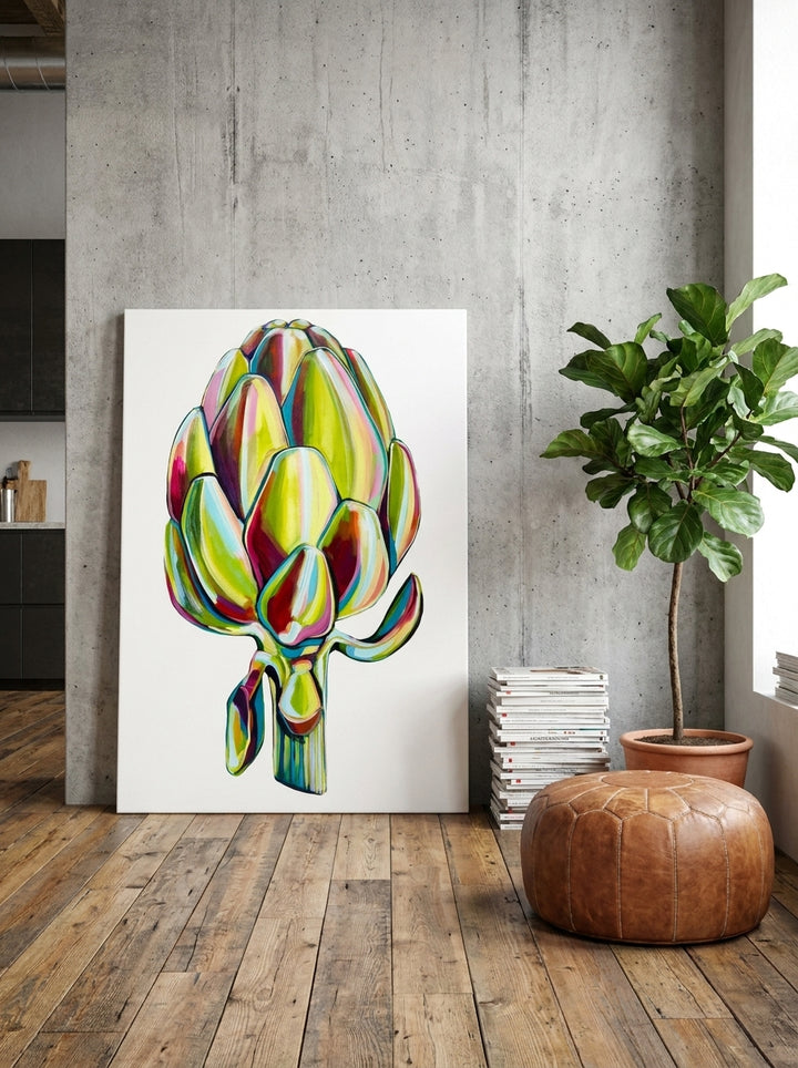 Stretched canvas wall art leaning against the wall in an industrial loft kitchen