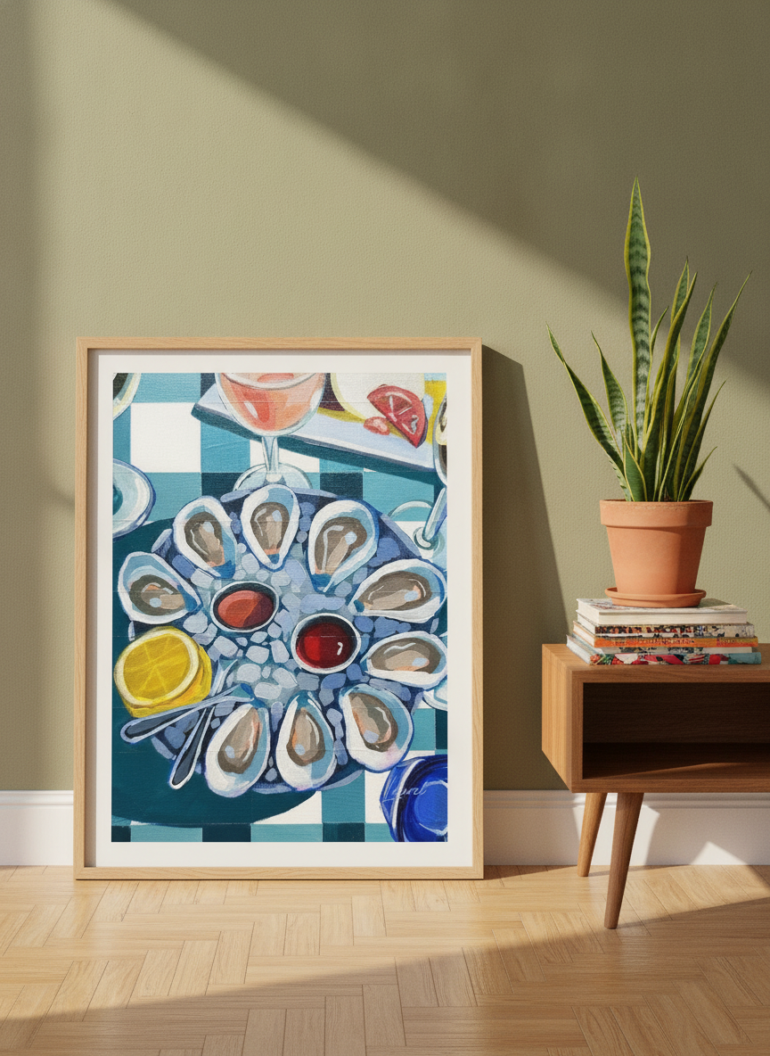 Modern wall art print leaning against the wall in a mid-century dining room