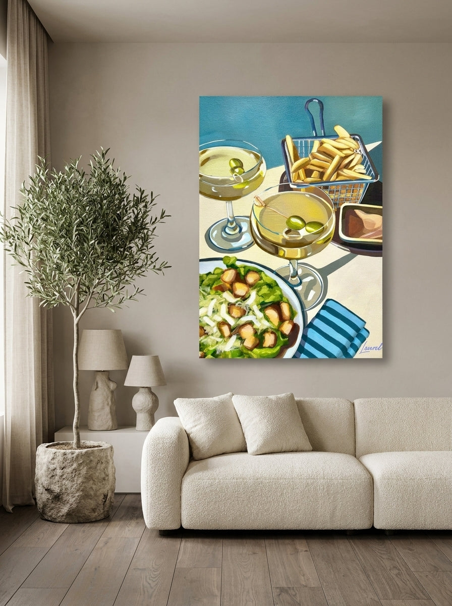 Stretched canvas wall art styled on the wall in a luxe living room