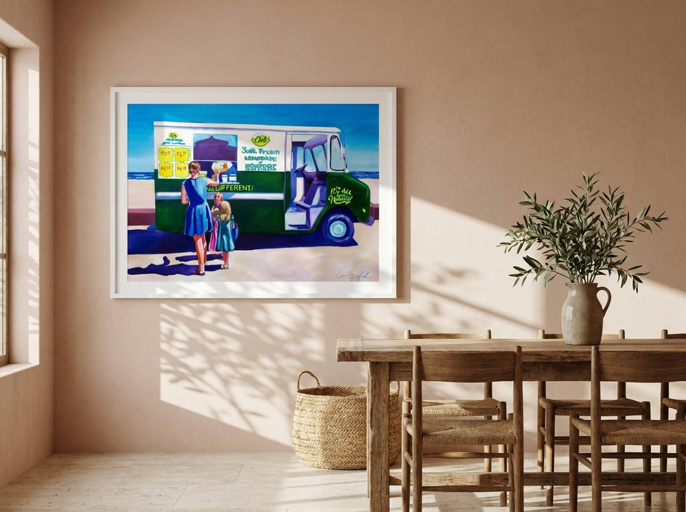 Oversized statement modern wall art print styled on the wall in a Mediterranean dining room