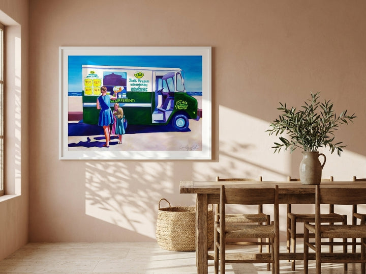 Oversized statement modern wall art print styled on the wall in a Mediterranean dining room