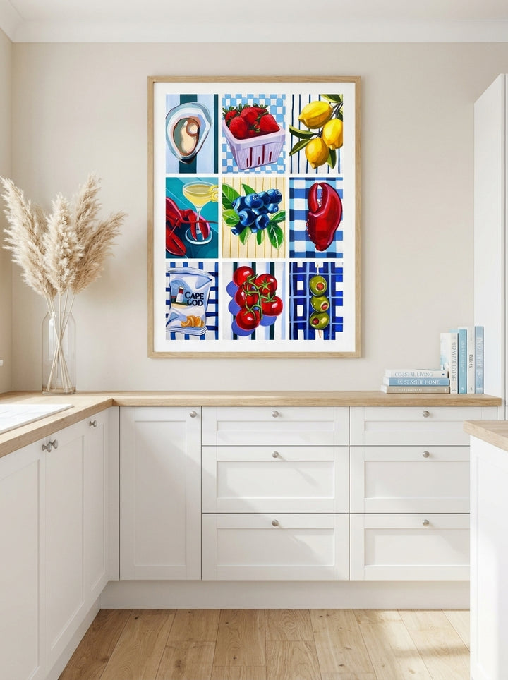 Modern wall art print styled on the wall in a coastal kitchen