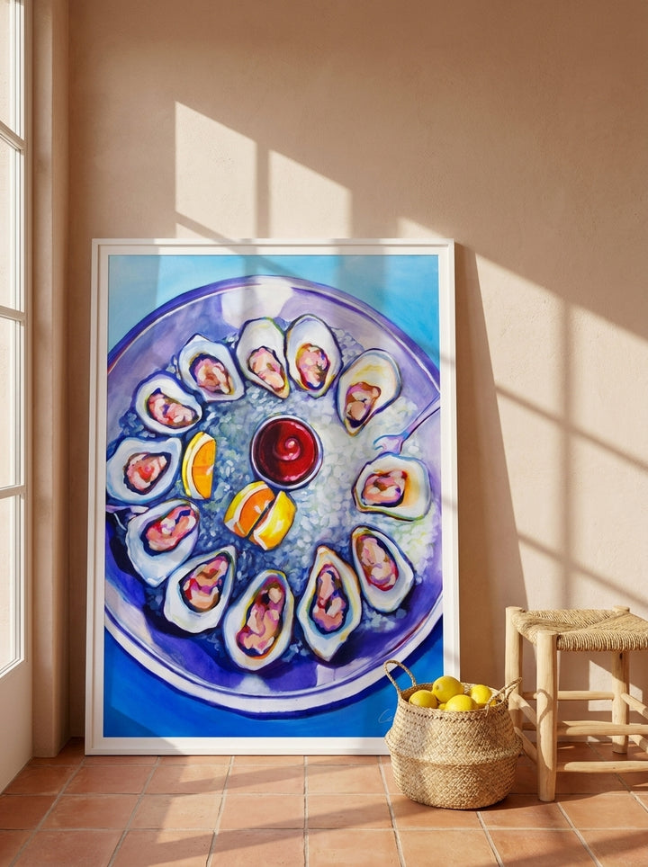 Oversized statement modern wall art print leaning against the wall in a Mediterranean living room