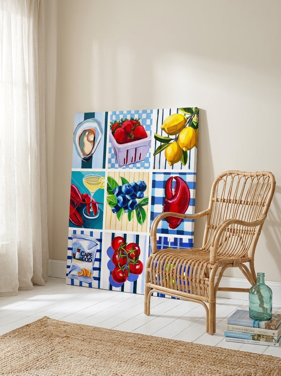Stretched canvas wall art leaning against the wall in a coastal dining room