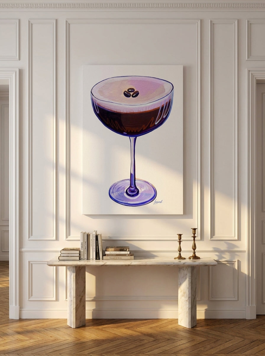 Stretched canvas wall art styled on the wall in a Parisian living room