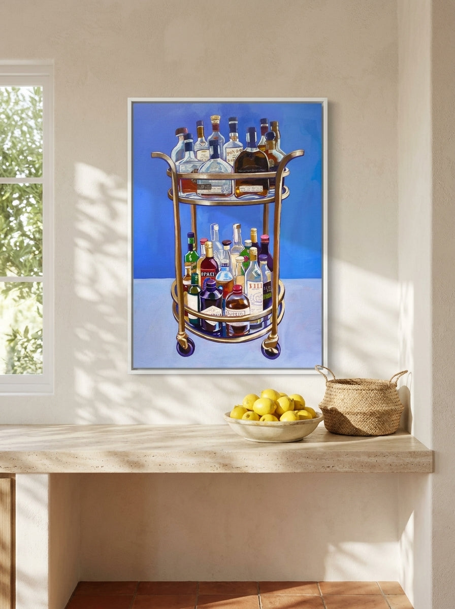 Canvas wall art with a white surround styled on the wall in a Mediterranean kitchen