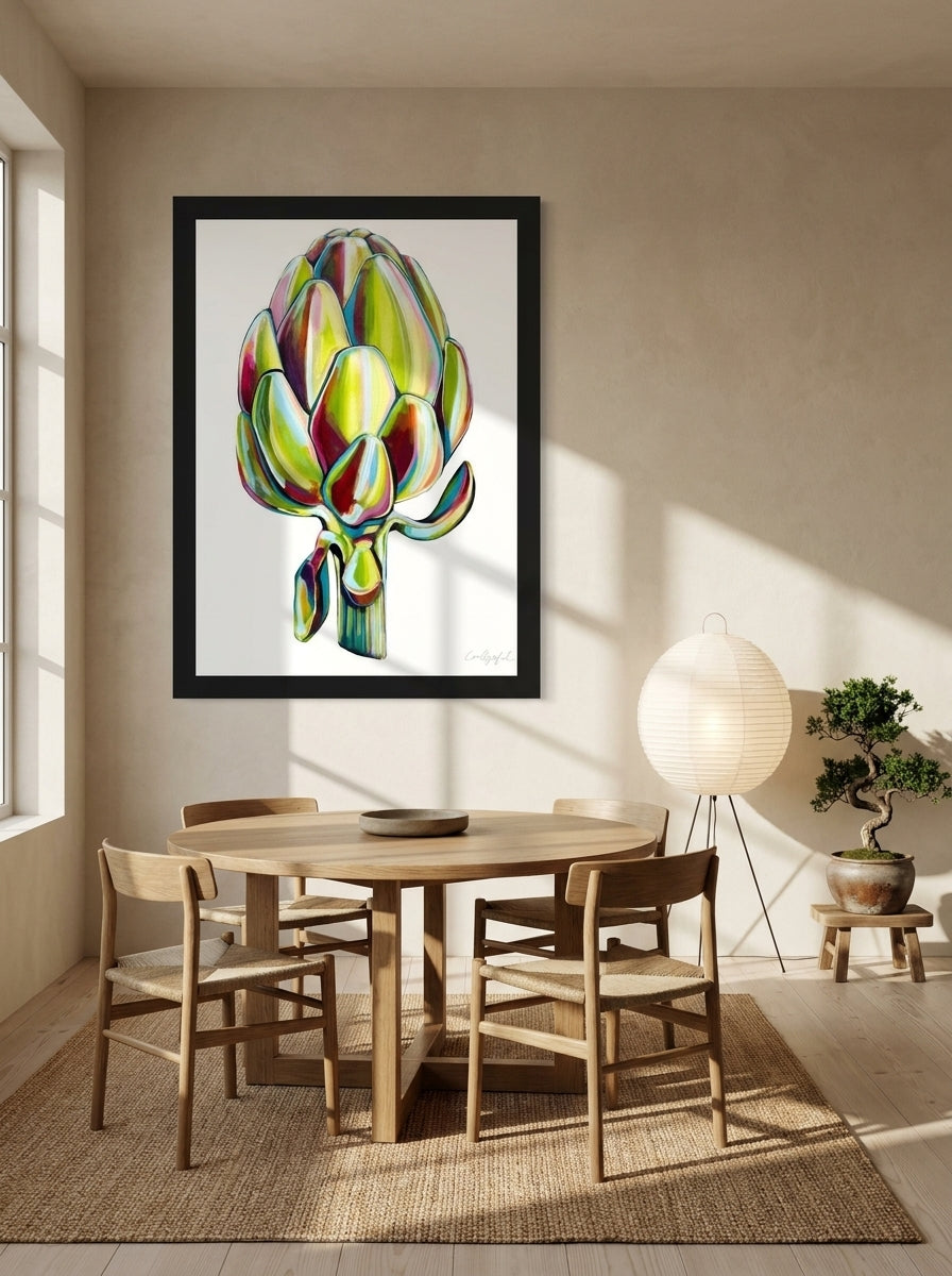 Oversized statement modern wall art print styled on the wall in a warm Japandi dining room