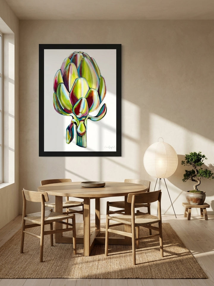 Oversized statement modern wall art print styled on the wall in a warm Japandi dining room