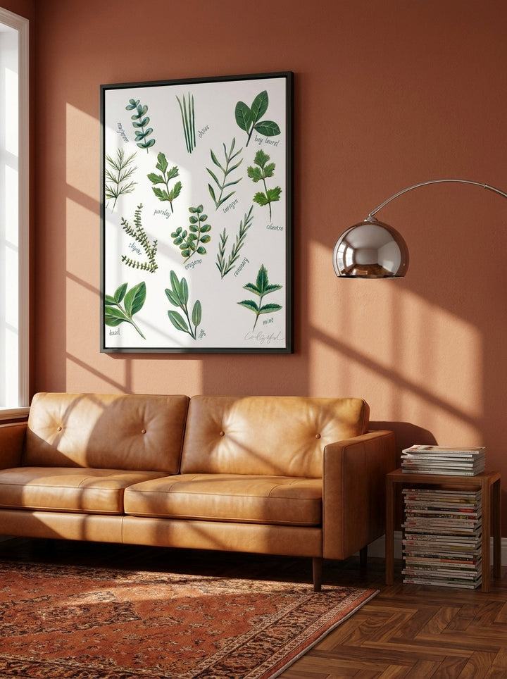 Canvas wall art with a black surround styled on the wall in a retro 70s living room