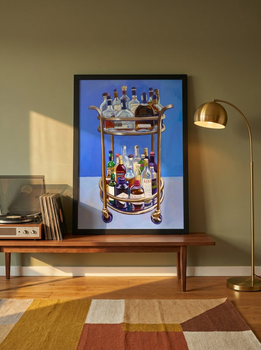 Modern wall art print standing on a kitchen bench in a mid-century kitchen