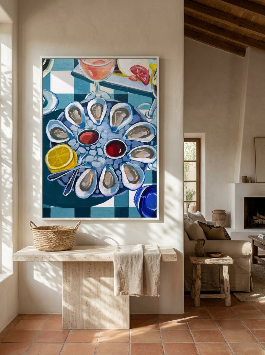 Oversized statement modern wall art print styled on the wall in a Mediterranean living room