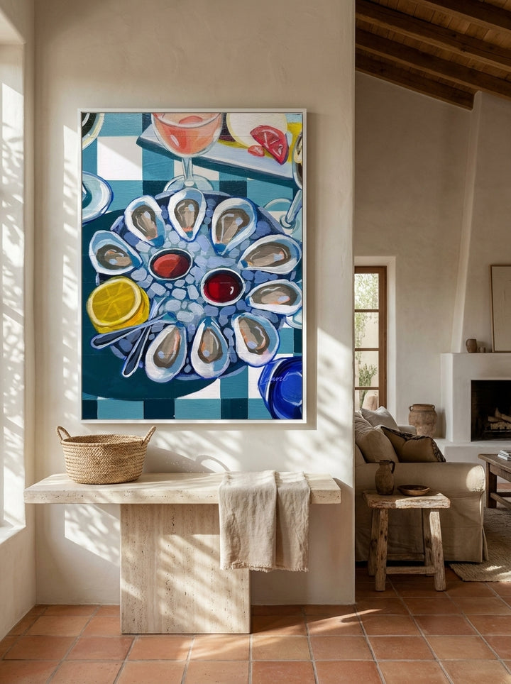 Oversized statement modern wall art print styled on the wall in a Mediterranean living room