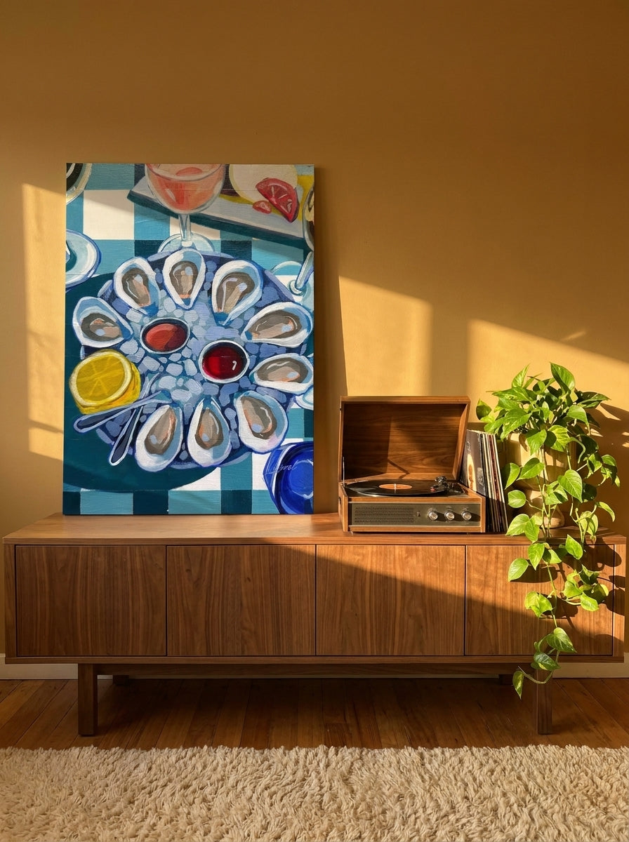 Stretched canvas wall art standing on a sideboard in a retro 70s dining room