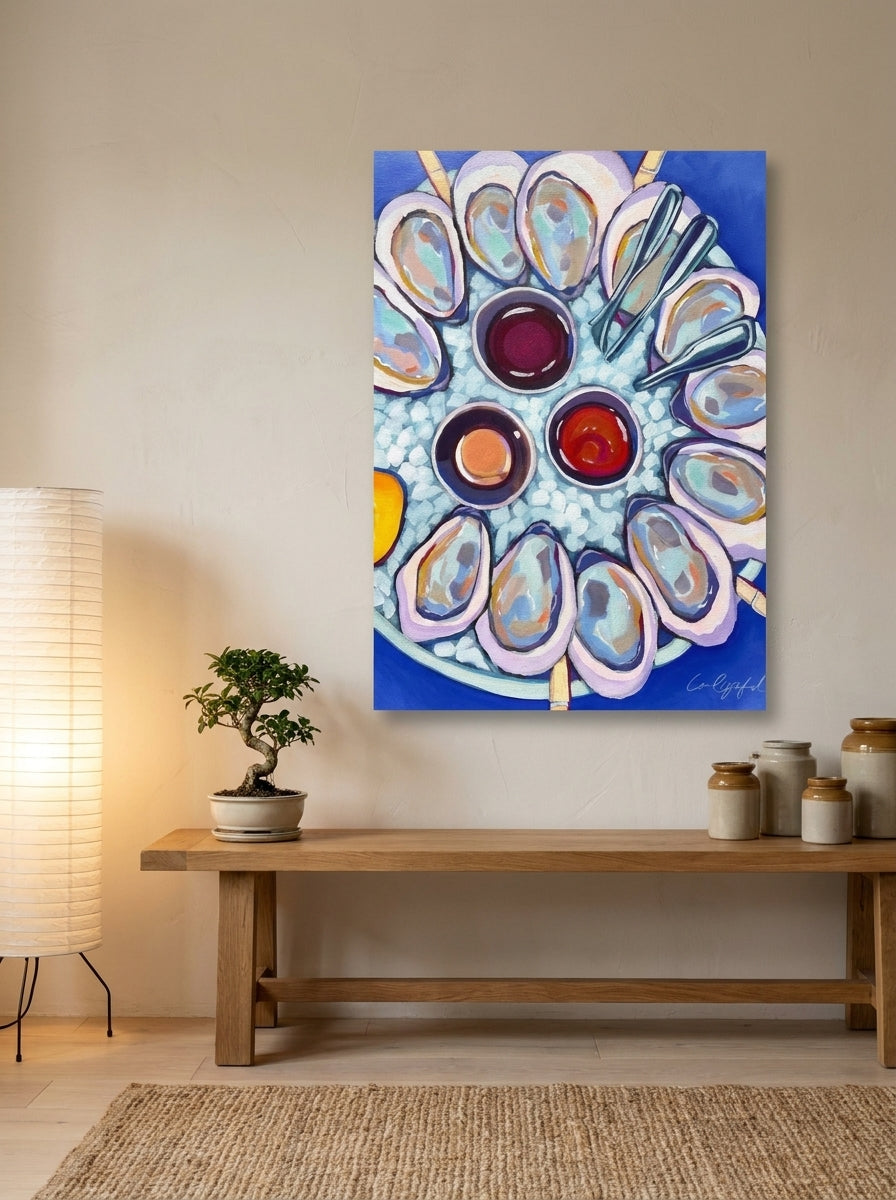 Stretched canvas wall art styled on the wall in a warm Japandi kitchen