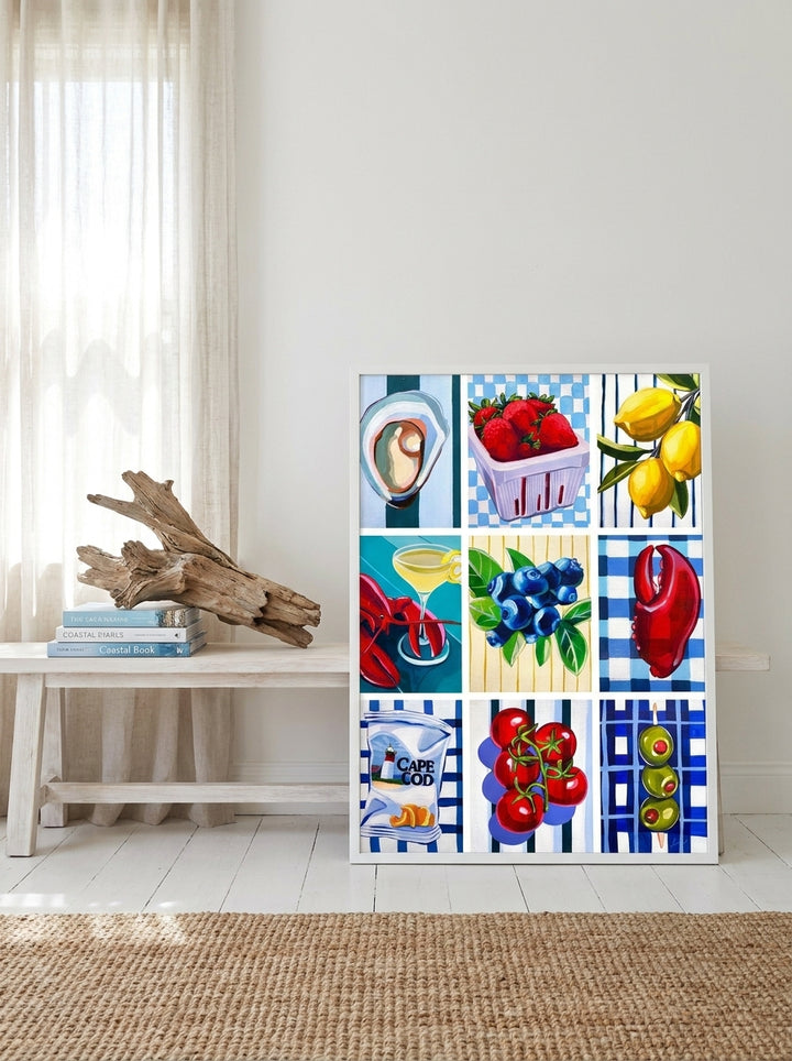Modern wall art print standing on a console in a coastal dining room