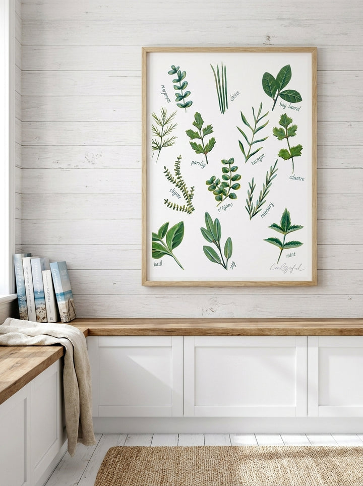 Modern wall art print styled on the wall in a coastal kitchen